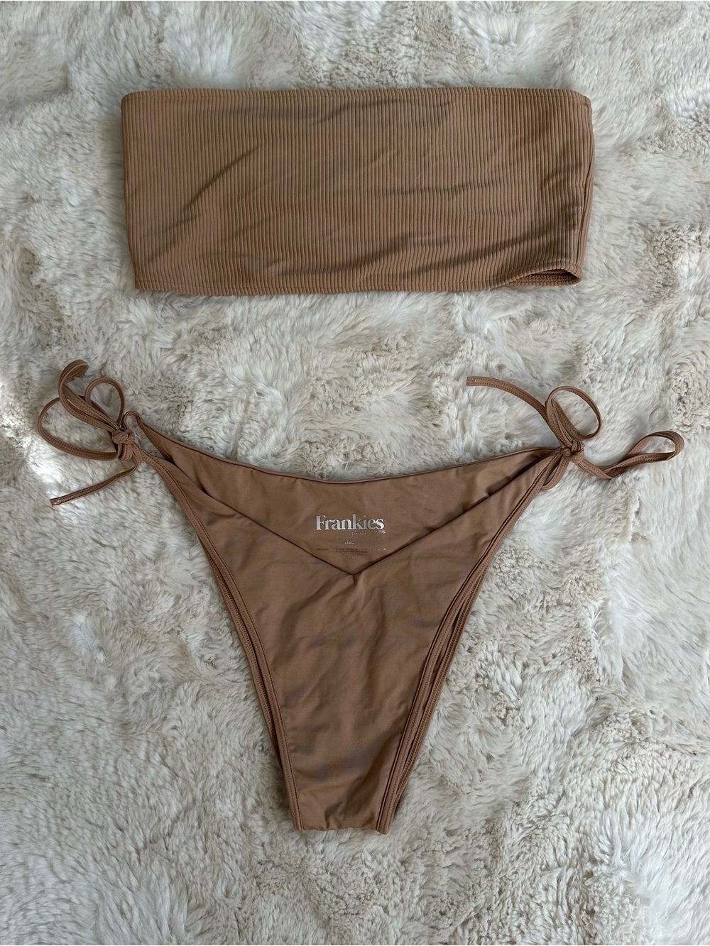 Frankie's Bikini's tan jenna ribbed bandeau bikini top and matching tie bottoms